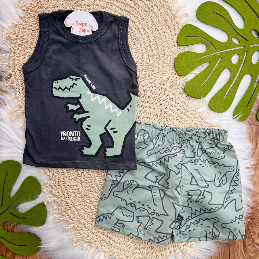 Conj. Regata Pronto para Rugir e Bermuda Dino - Chumbo e Verde